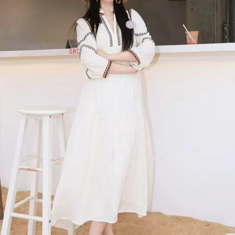 FD290 Spring and Summer New V-neck French Line Printed Dress