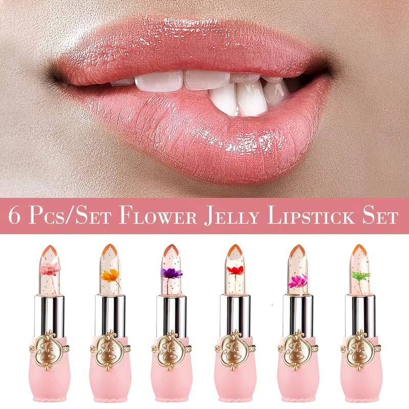 make up 6pcs Lipstick Set Flower Jelly Crystal Clear Long Lasting Lips Color Change Pink lip gloss Cosmetics happy