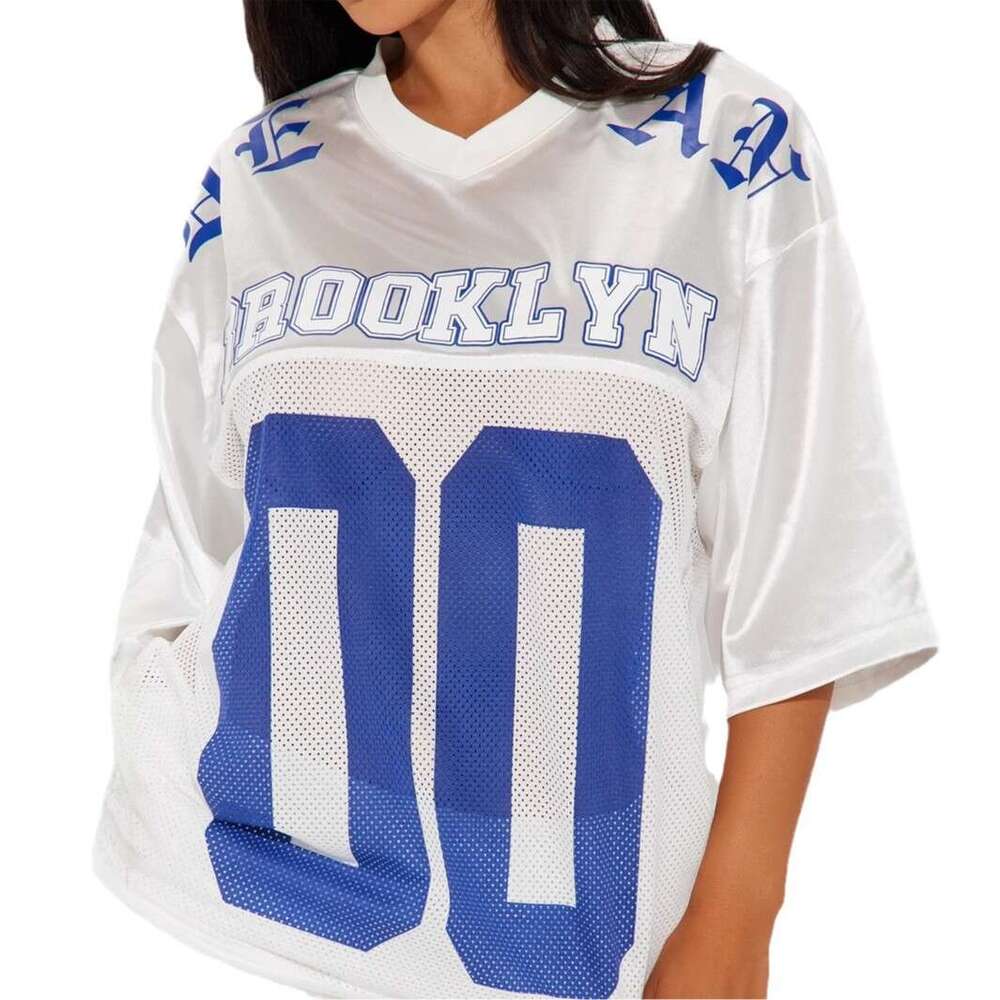 Autumn New American Style Sports Letter Print Loose Casual V-Neck Short Sleeve Top B5