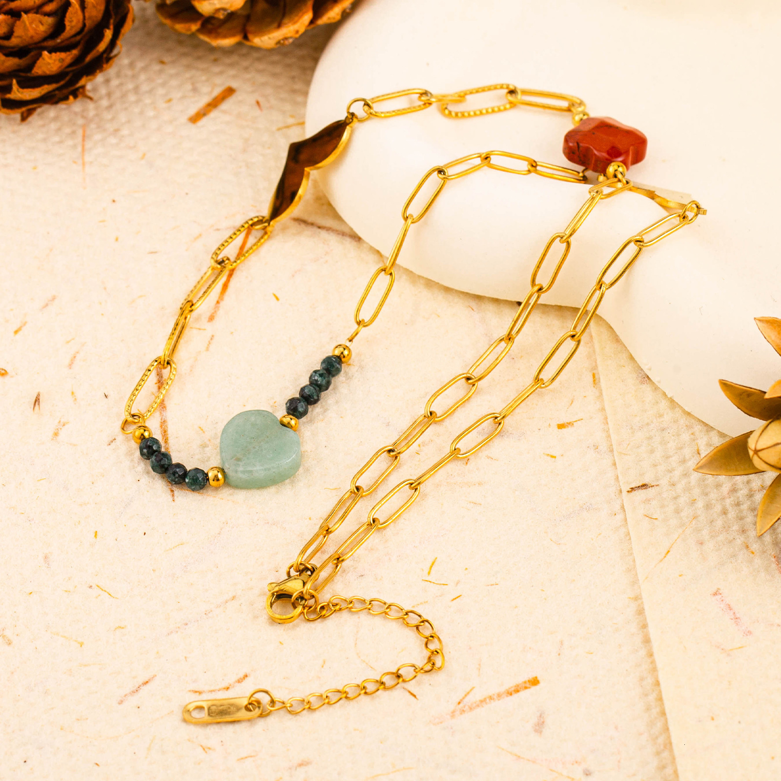 Fashionable and Elegant Style Personality Natural Stone Heart Necklace for Women Titanium Steel Versatile Non-Fading Jewelry