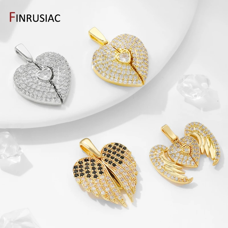 18K Gold Plated Brass Heart Pendant Charm For DIY Jewelry MakingInlaid Zircon Wing Charm DIY Necklace Accessories 250609