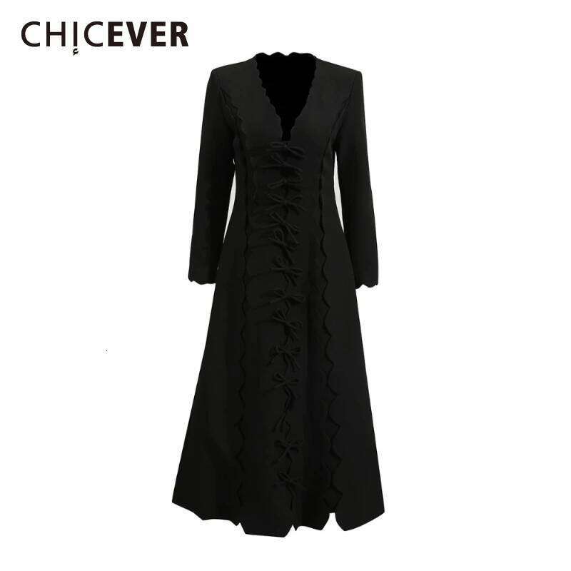 CHECEVER Black Spliced Bowknots Dresses for Women V Neck Long Sleeve High Waist Patchwork Cut Wave Hem Designer Dress Female New