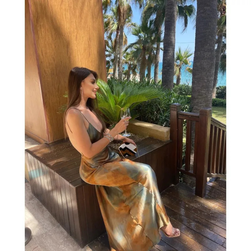 Summer Womens Open Back Sleeveless Dress Fashion Satin Mid Length Printed Sexy V Neck Sling Dress 250611