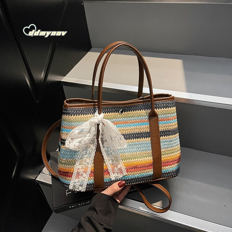 Korean INS Rainbow Straw Handbag for Women 2025 Summer Casual Vacation Style Color-Block Shoulder Crossbody Bag ddmynov ddmynov