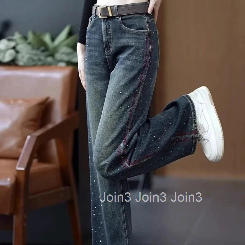 Womens Jeans Wide Leg Medium Female Cowboy Pants Waist Wash on Sale Teenagers Shiny Top Selling Vintage Wholesale Emo Trousers