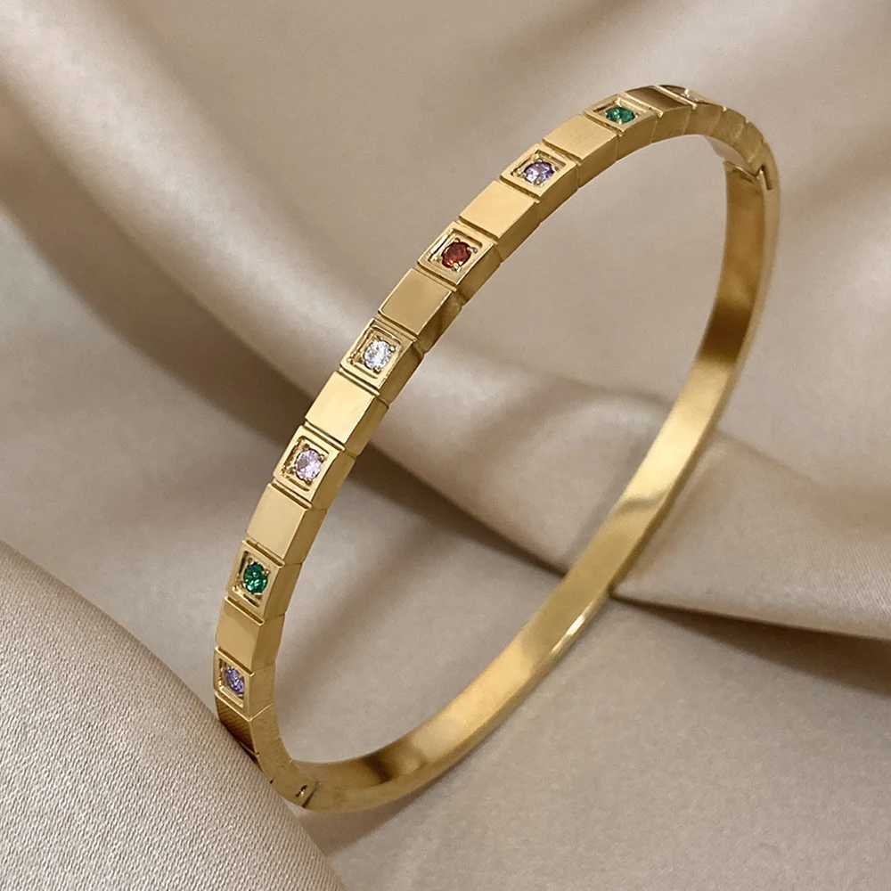 New Inlaid Square Small Colored Zircon Stainless Steel Bangle for Women Luxury Gold Plated Cubic Zirconia Z250616