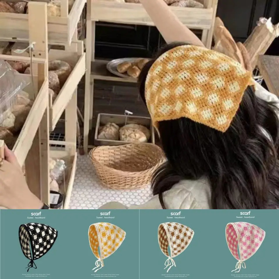 Sweet Knitted Turban French Pastoral Style Colorful Triangle Hair Band Check Wave Hair Accessories Headscarf for Women Girls 250610