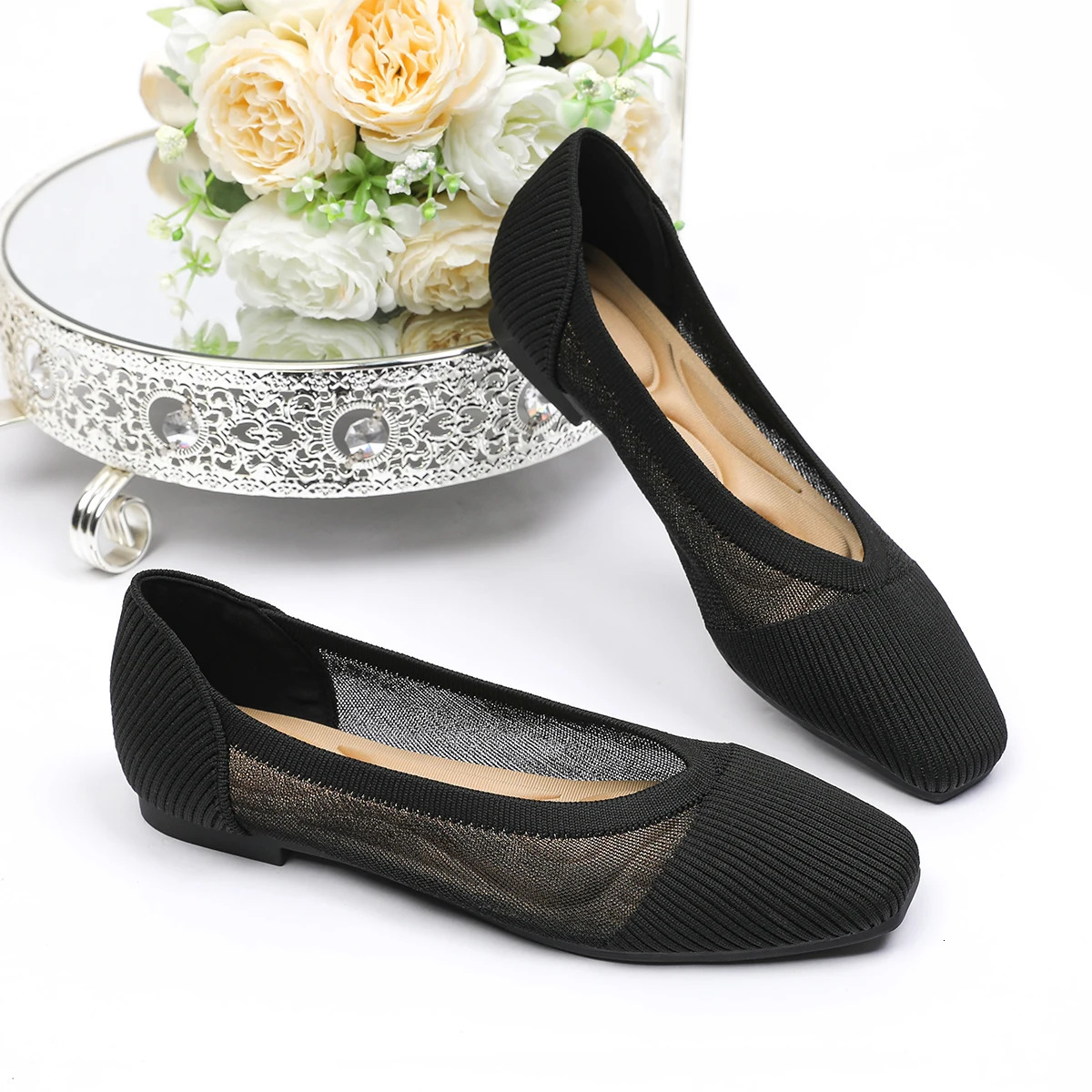 2025 Womens Flat Shoes Knitted Mesh Breathable Square Rubber Sole Anti slip Casual Comfortable Shoes 250613