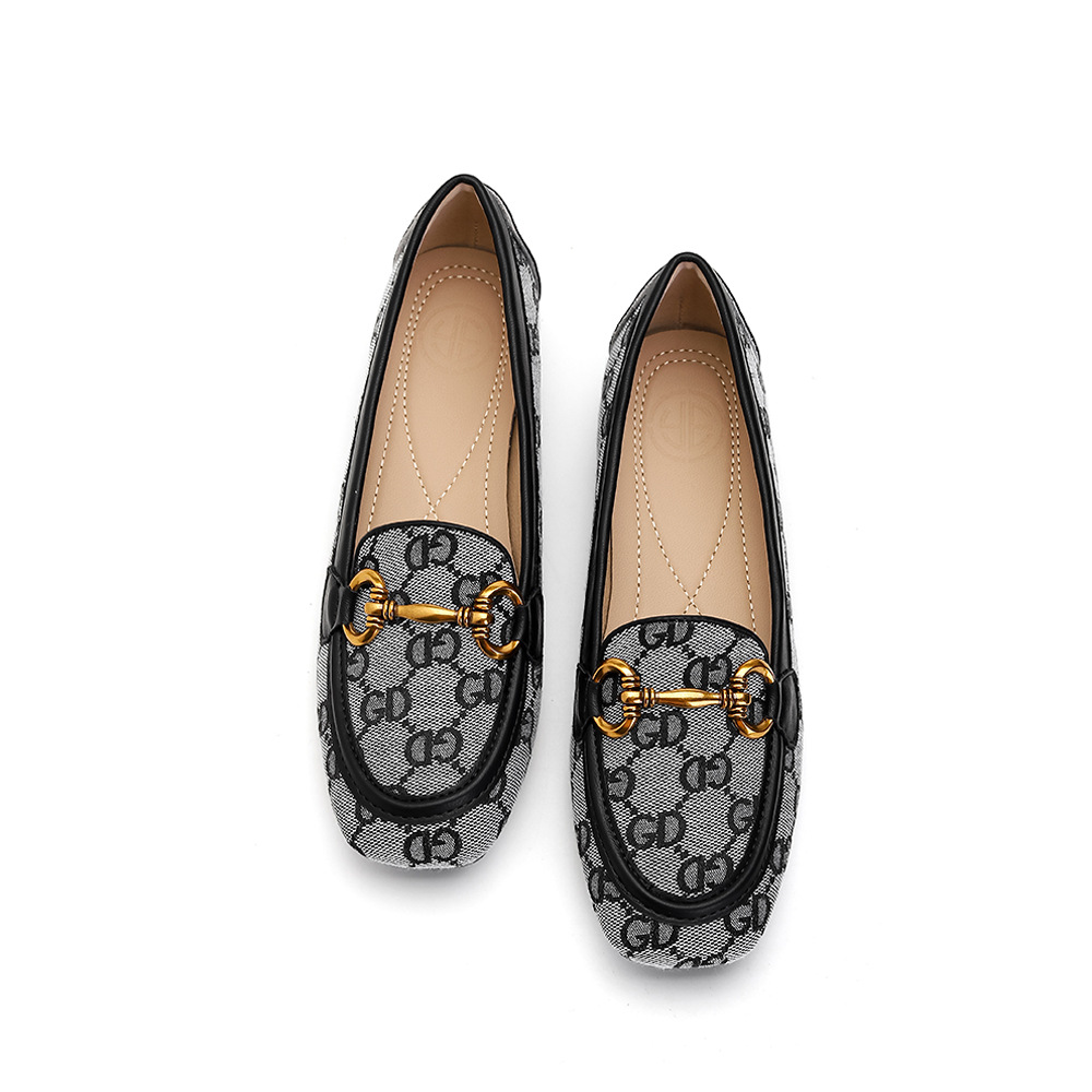 New Style Gold Button Embroidered Elegant Dress Shoes Party Versatile Fashion Letter Printed Low Heel Shoes Black Brown White