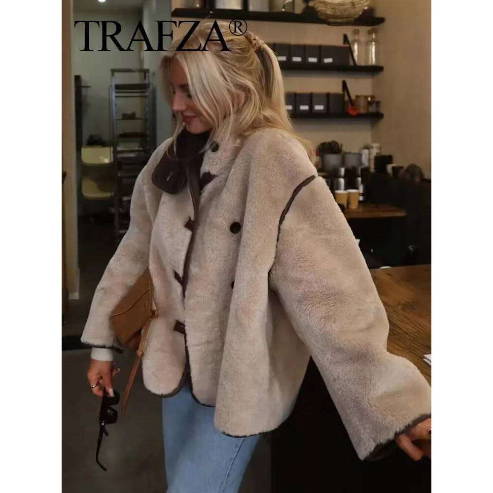 TRAFZA 2024 Women Casual Faux Fleece Loose Coat High-Collar Splicing Design Short High Street Standing Collar Jacket Streetwear