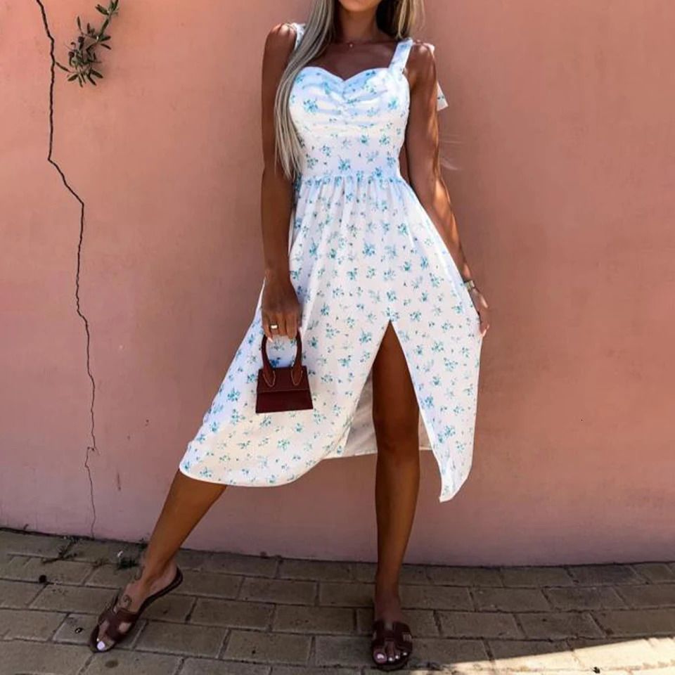 Womens Boho Floral Strappy VNeck Lace Up High Split Midi Dress Summer Ladies Vacation Beach Holiday ALine Sundress Size S2XL 250611