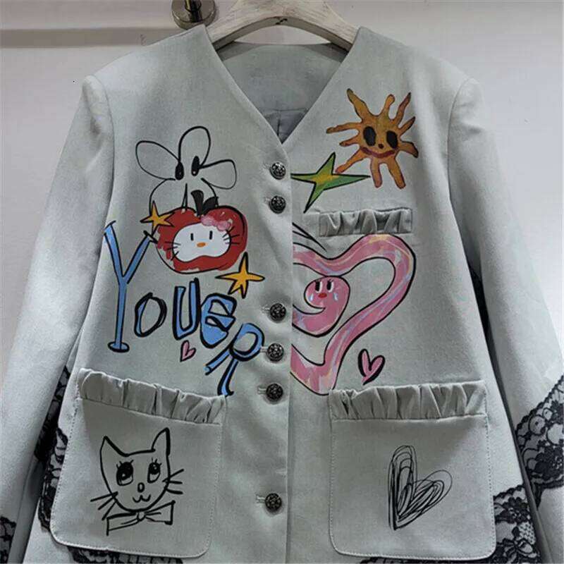 WTHT Trendy New Women Colorful Graffiti Spliced Lace Design Blazer 2025 Spring Fashion Lapel Long Sleeves Jacket Female 1LS1171