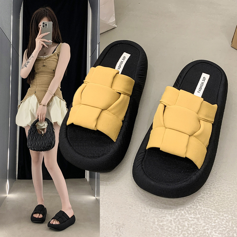 Ddmysports Thick Woven Slippers For Women Outdoor Wear Summer New Flat One Word Casual Soft Sole Versatile Sandals Outdoor Shoes