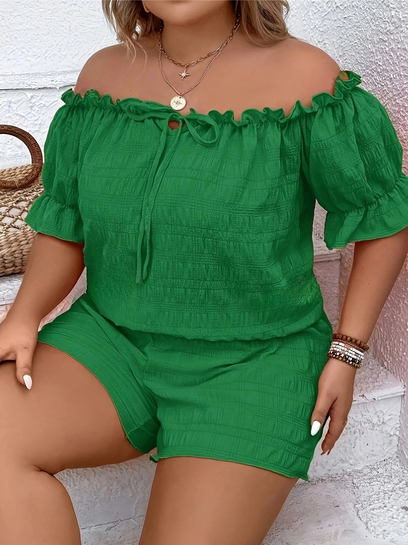 Plus Size Summer Womens Elegant Off Shoulder Shirt Short Pants 2 Piece Set Casual Vacation Solid Clothing Female 250609