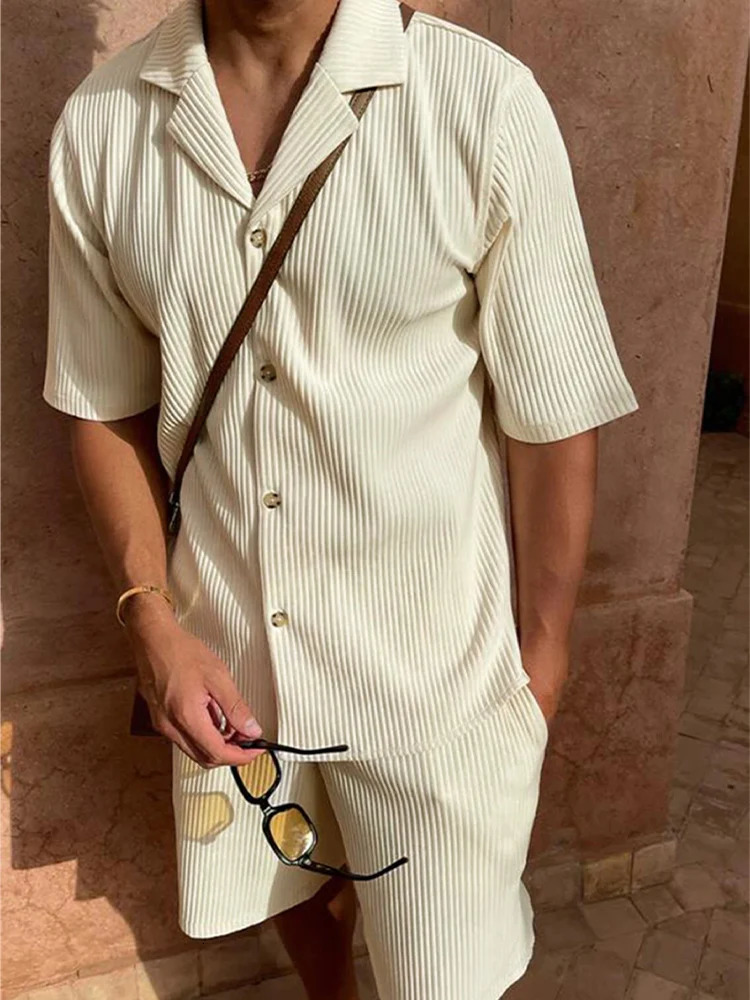 SpringSummer suit Solid color corduroy shorts sleeve shirt and stretch beach casual suit 250612
