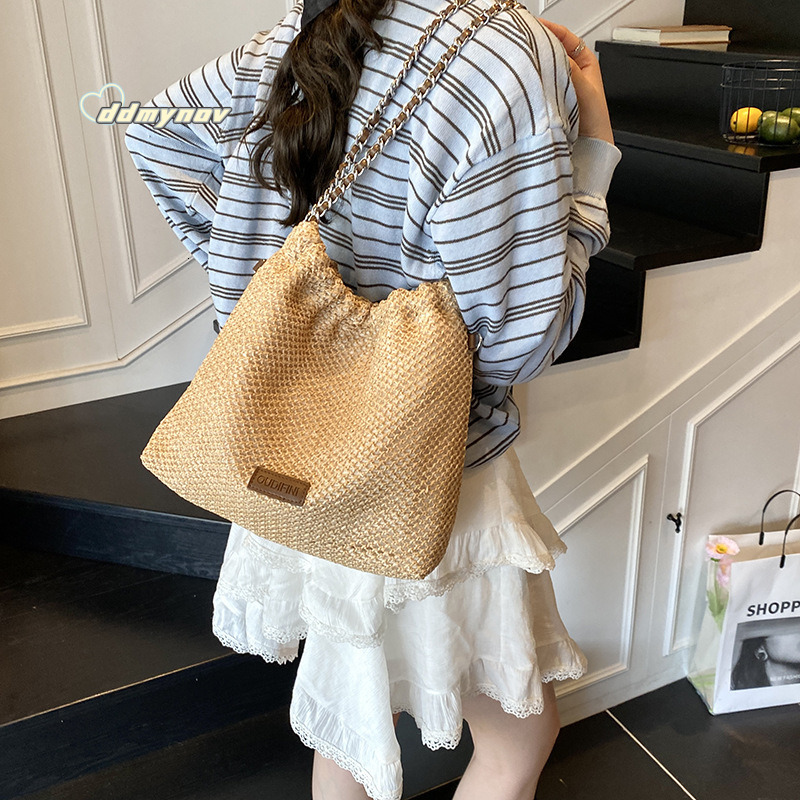 Summer Niche Lazy Style Straw Tote for Women 2025 Simple Casual Woven Chain Shoulder Crossbody Bag Trend ddmynov