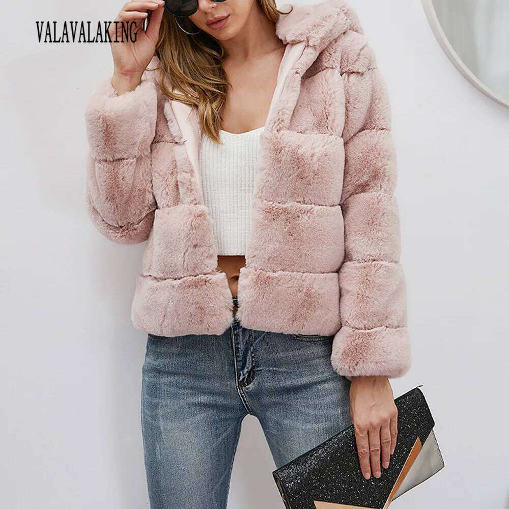 2025 Winter Plus Size Faux Fur Cropped Coat Hooded Long Sleeve Fluffy Jacket Lady Large Thick Warm Furry Cardigan Outwear