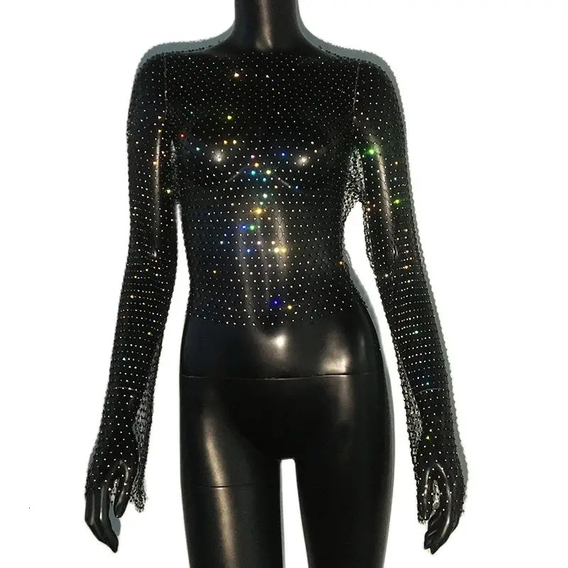 Sexy See Through Mesh T Shirt Glitter Rhinestone Fishnet Hollow Out Long Sleeve Crop Top Women Rave Party Club Base Shirt Tops 250614