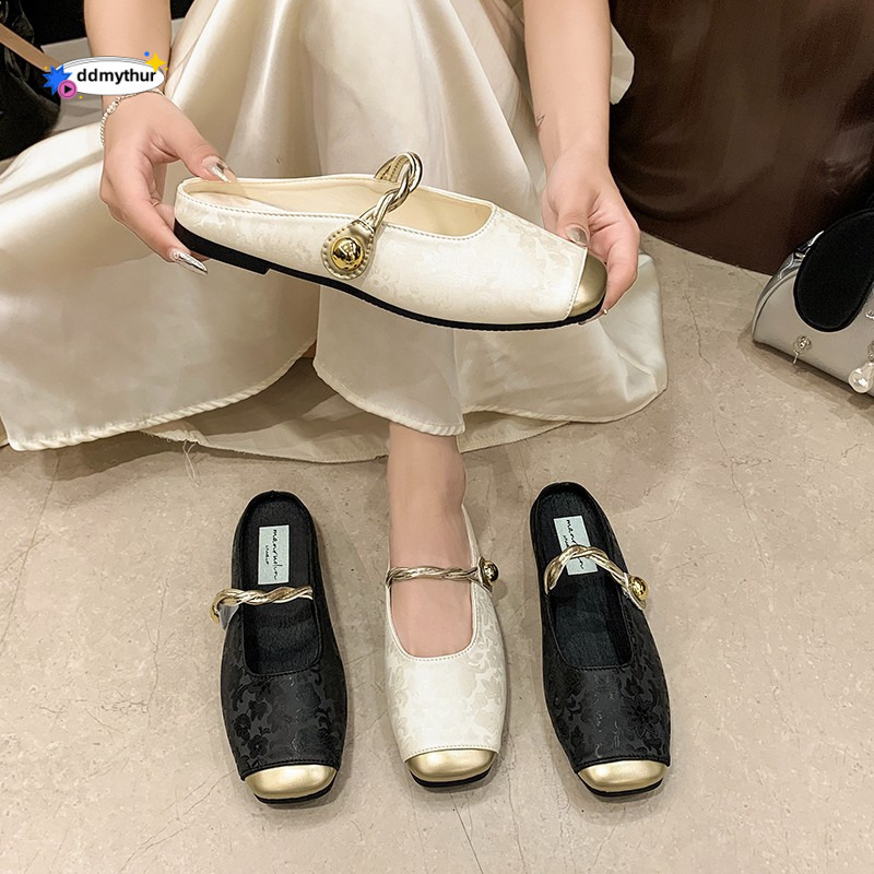 2025 Spring Summer New Chinese Style Closed-Toe Half Outdoor Square Toe Lazy Shoes Soft Sole Women's Slippers Loafers ddmythur