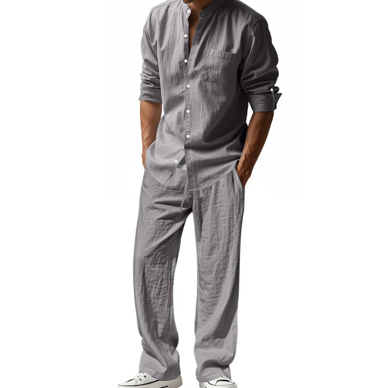 Mens Linen Shirt Pants Set American Style Casual Beach Outfit Breathable Loose Fit Four Seasons Ready Stock 250612
