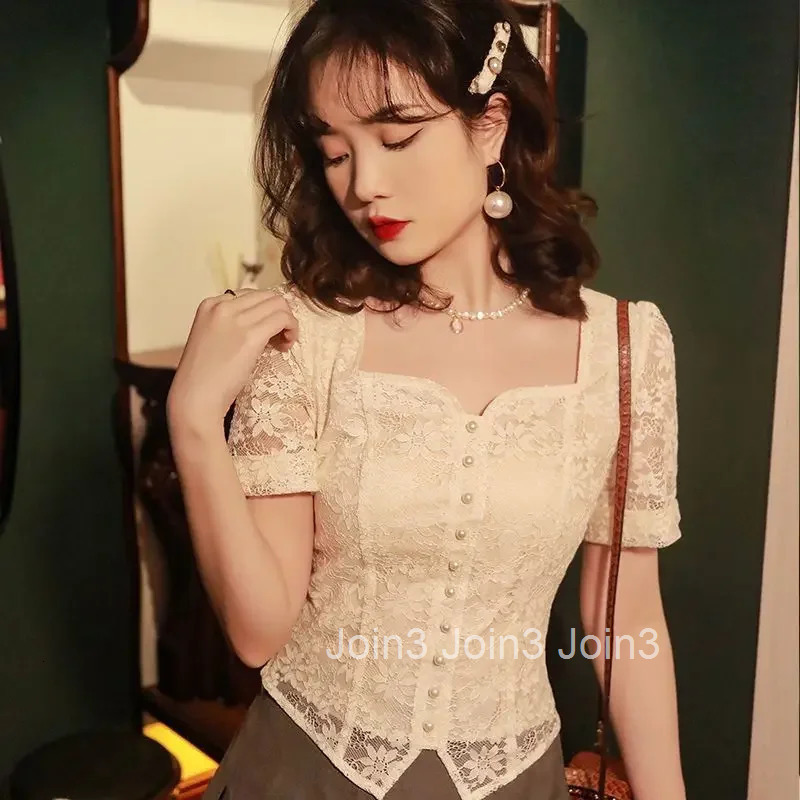 White with Short Sleeve Shirts Blouses for Women Summer Woman Top Sexy Embroidery Vintage Aesthetic Youthful Clothes New 2024