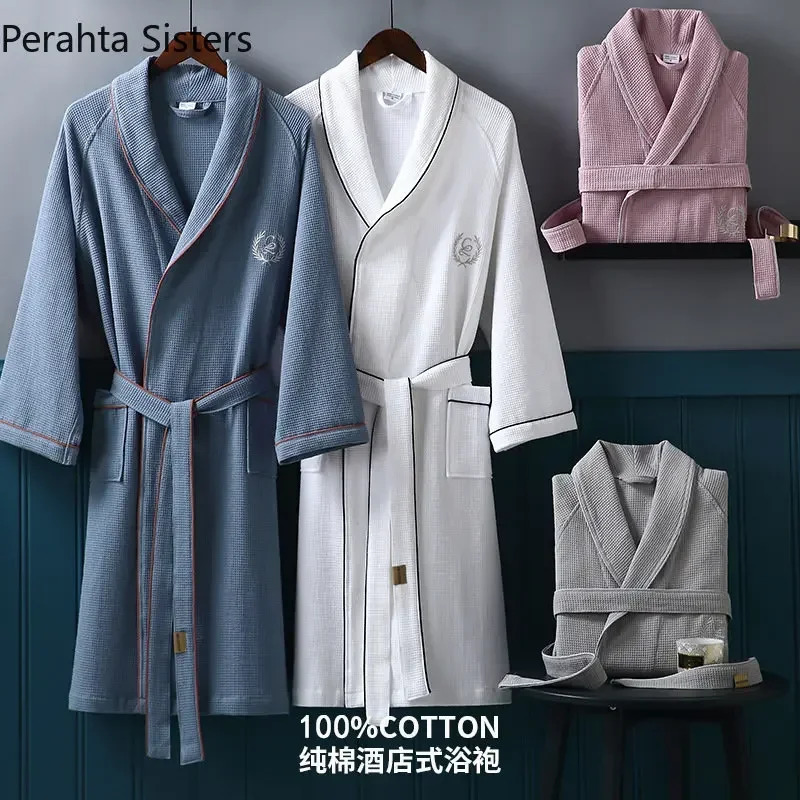 High Quality el Home Waffle Bathrobe For Men Pure Cotton Embroidered Lapel Absent Bath Robe Mens Solid Color Dressing Gown 250614