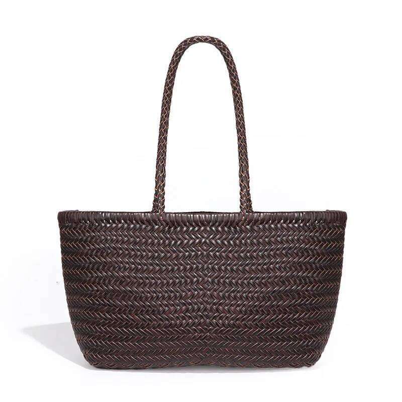 French Ins Style Vegetable Basket Hand-Woven First Layer Of Cowhide Leather Retro Hand-Held Mother-And-Child Tote Rattan Bag