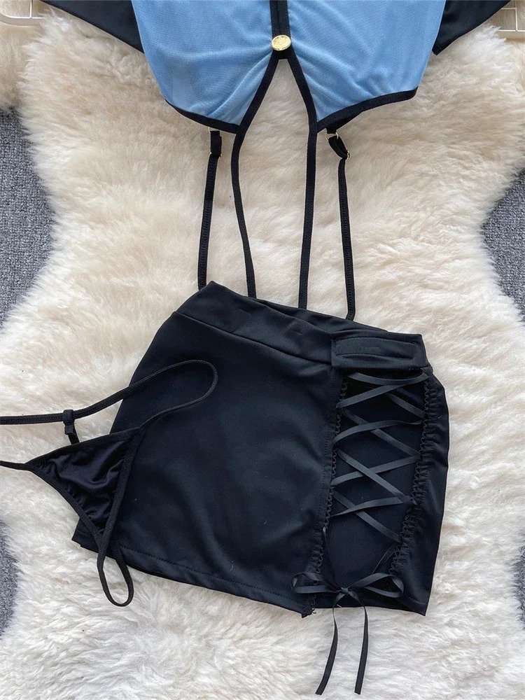Toucheart Preppy Style Sexy Uniform Sets For Women 2024 V Neck Sheer TopLace Up Mini SkirtThongs Hollow Out Cosplay Porn Suits 250609