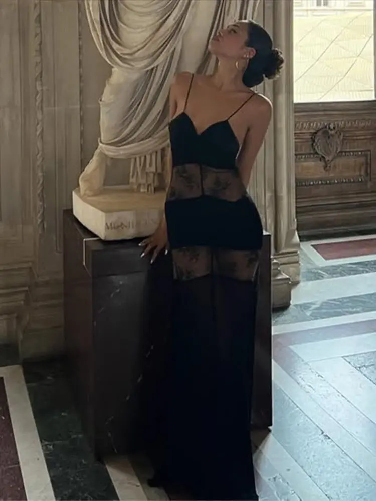 Sexy Lace Vneck Sling Long Dress Women Retro Black Perspective Sleeveless Patchwork Maxi Dresses Female Chic Street Party 250611