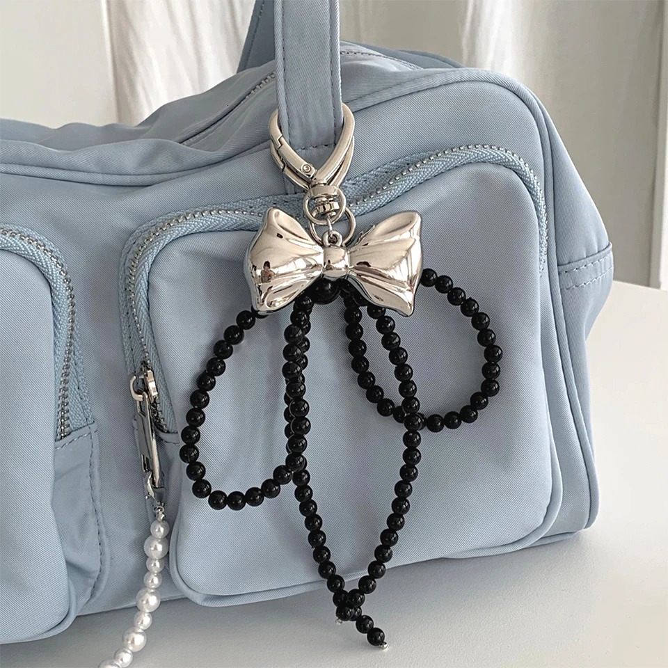 ZAKOL Y2K Korean Cute Beaded Pearl Bowknot Keychain for Women Girls Metal Bow Pendant Bag Decoration Accessories 250606