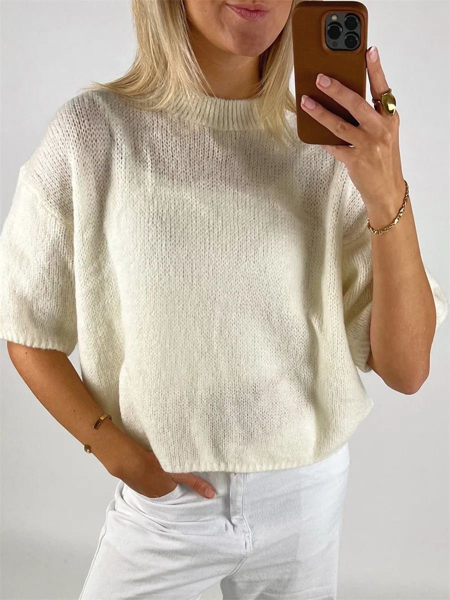 Womens Spring Autumn Knit Sweaters Half Sleeve O Neck Solid Color Casual Knitwear 250614