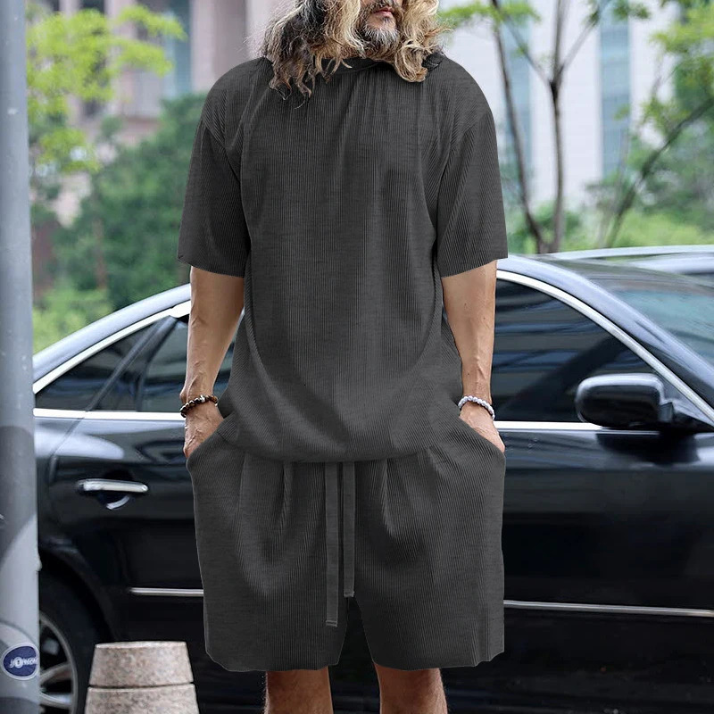 Summer Europeanstyle Fashion Suit For Mens Loose Plus Size Breathable Comfortable Short Sleeve Shorts Twopiece Set 250612