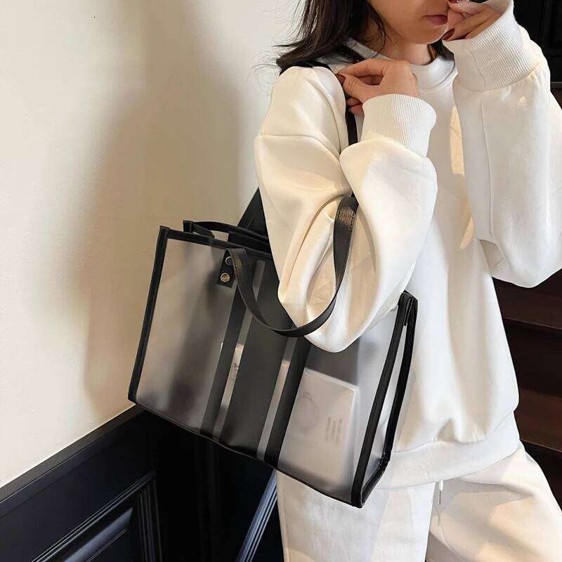 Summer Hot Transparent Shoulder Bag Set For Women 2-In-1 PVC Striped Large Capacity Shopping Totes Travelling Beach Handbag