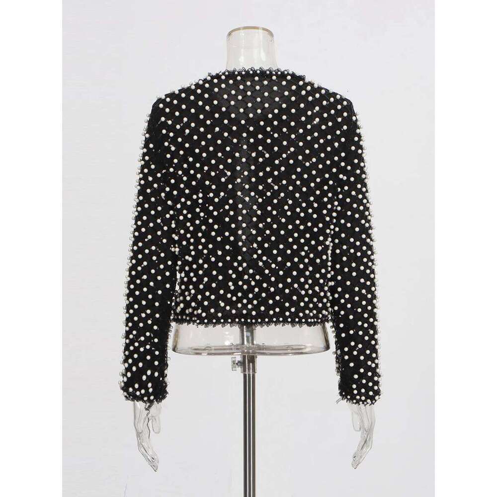 TWOTWINSTYLE Solid Slimming High Street Coat for Women Round Neck Long Sleeves Patchwork Bead Fashion Jackets Female Clothing