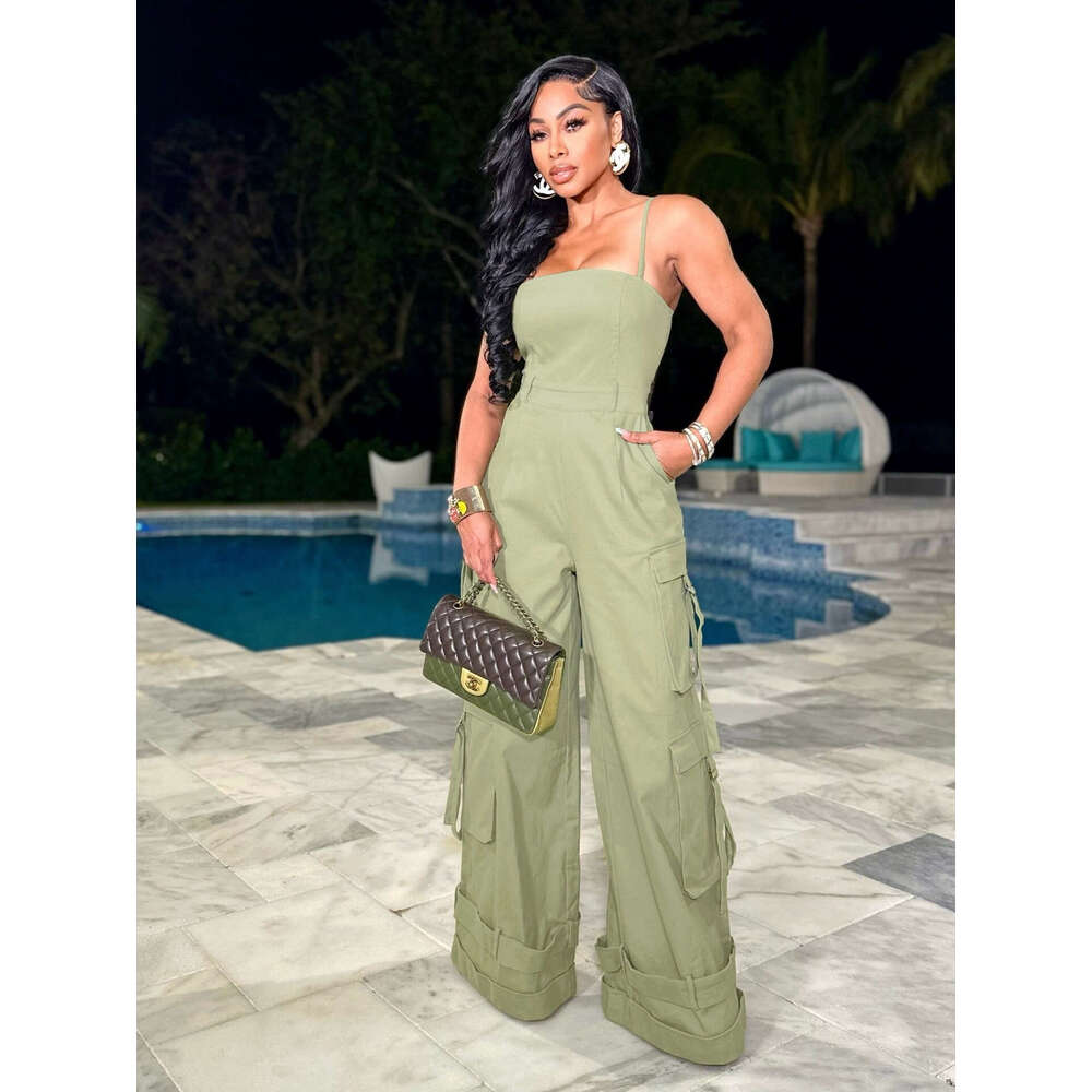 European and American Style Women's Sexy Strapless Multi-Pocket Cargo Wide-Leg Jumpsuit 2025 Elegant Versatile New Trendy Fashion Ins