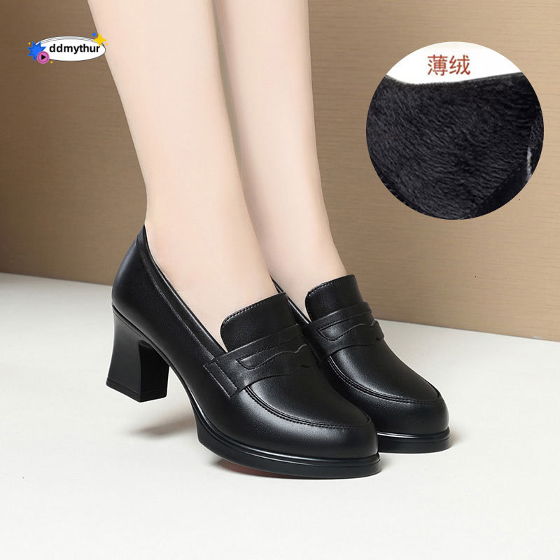 Waterproof Platform High Heels 2025 Spring New Thick Heel Slip-On Black Loafers Mid-Open Single Round Toe Leather Shoes ddmythur