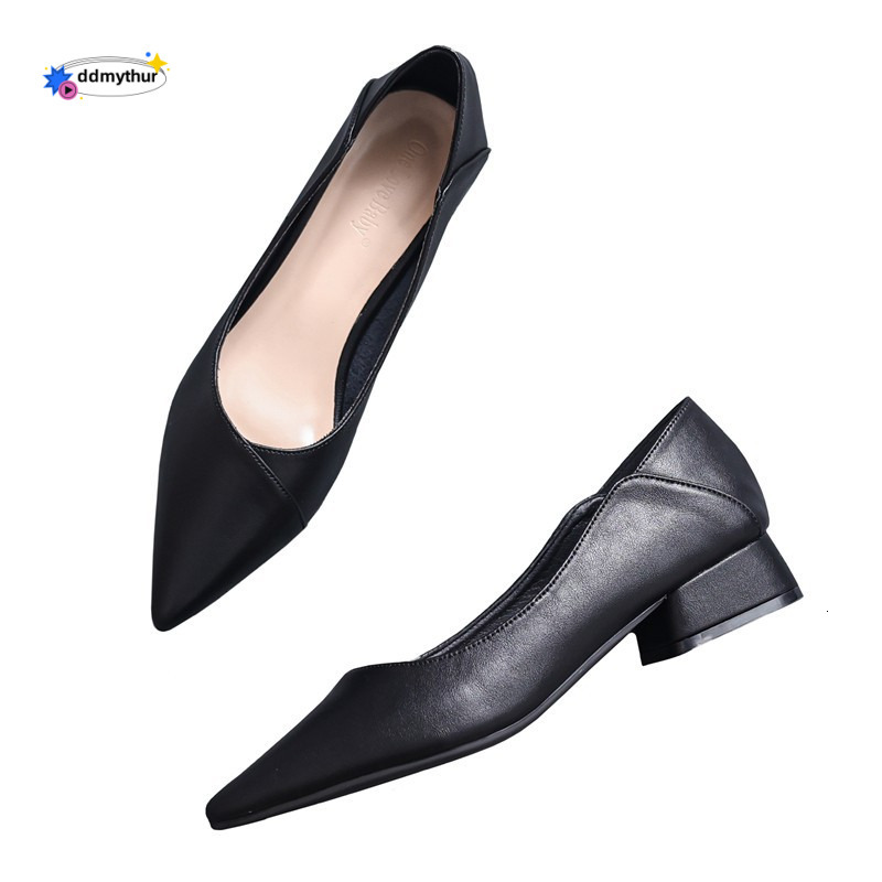 Pointed Toe Single 2023 Office Leather Thick Heel Comfortable Women's Professional Work Shoes Black ddmythur