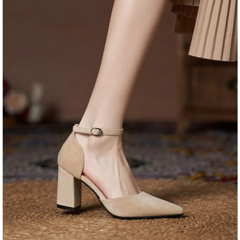 31-44 Women Pumps Fashion Black High Heels Shoes Flock Pointed Sandals Summer Party Thick Heel Shoes Ladies Wedding Shoes 250614