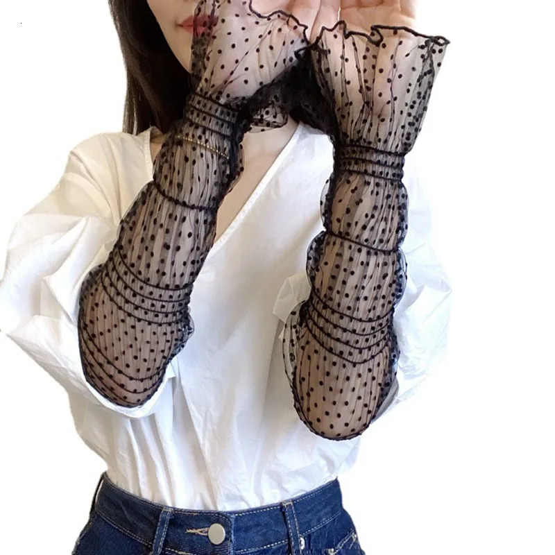 Summer Long Cute Dot Lace Mesh Fingerless Gloves Sun Protection Arm Sleeve Sunscreen Thin Cycling Black Sexy Accessories 250610
