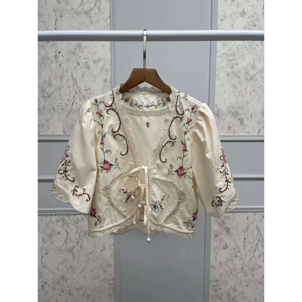 Women Floral Embroidery Short Blouse Lace-Up V-Neck Hollow Out Autumn 2024 Lady Cotton Linen Blend Sweet Fashion Shirt