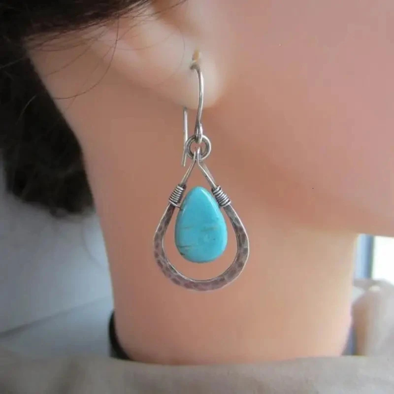 Vintage Droplet Shape Blue Turquoise Decor Dangle Earrings Retro Boho Style Silver Plated Jewelry Tourism Souvenir 250610