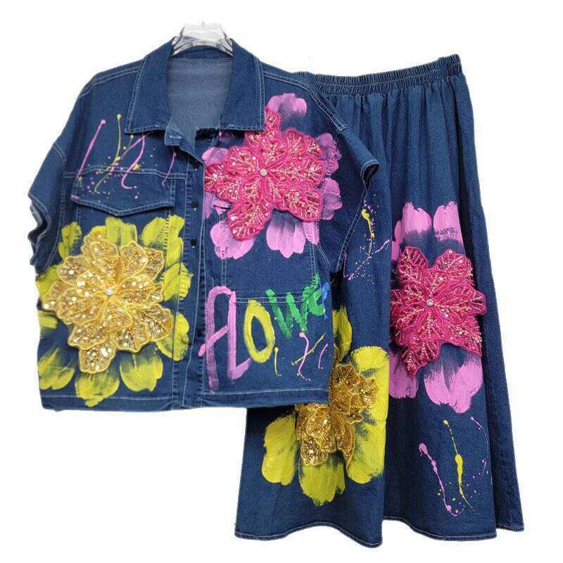 DEAT Fashion Women's Denim Two-pieces Set Loose Heavy Duty Letter Printed Sequins Flowers Coat Elastic Waist Skirts 11A04635