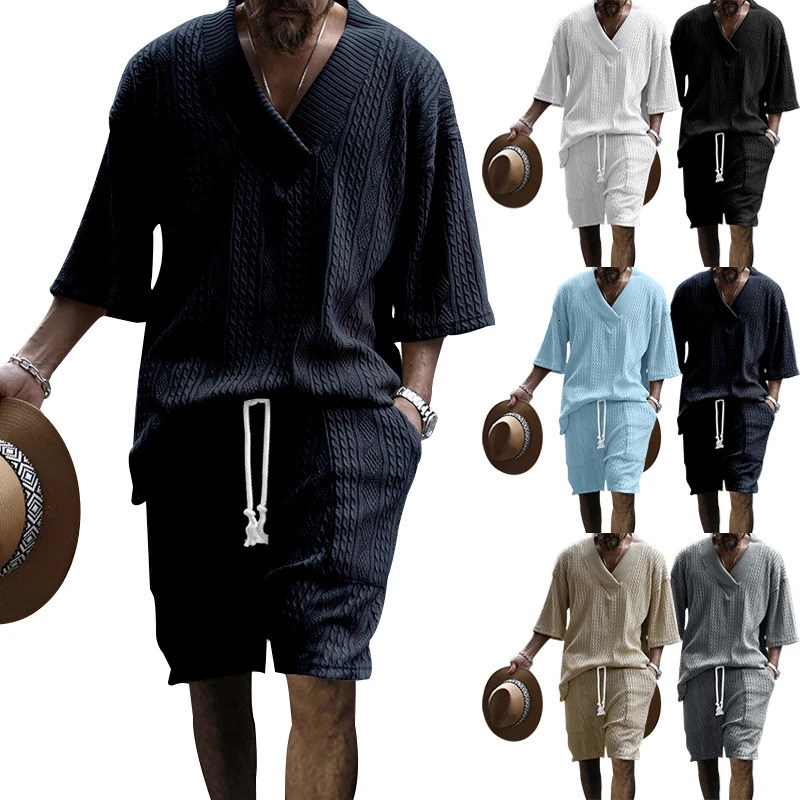 Summer Mens High Street Casual Loose Jacquard Sportswear VNeck Short Sleeve Shorts Fashion Suit 250612