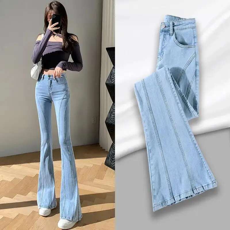 Womens Jeans Flare Trousers Flared Woman Pants Bell Bottom Blue with Pockets High Waist Shot Harajuku Fashion Chic and Elegant A