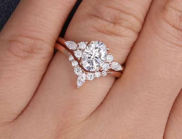 1 CT Oval Cut Rose Gold 925 Sterling Silver Moissanite Diamond Studded Bridal Promise Ring Set for Sale