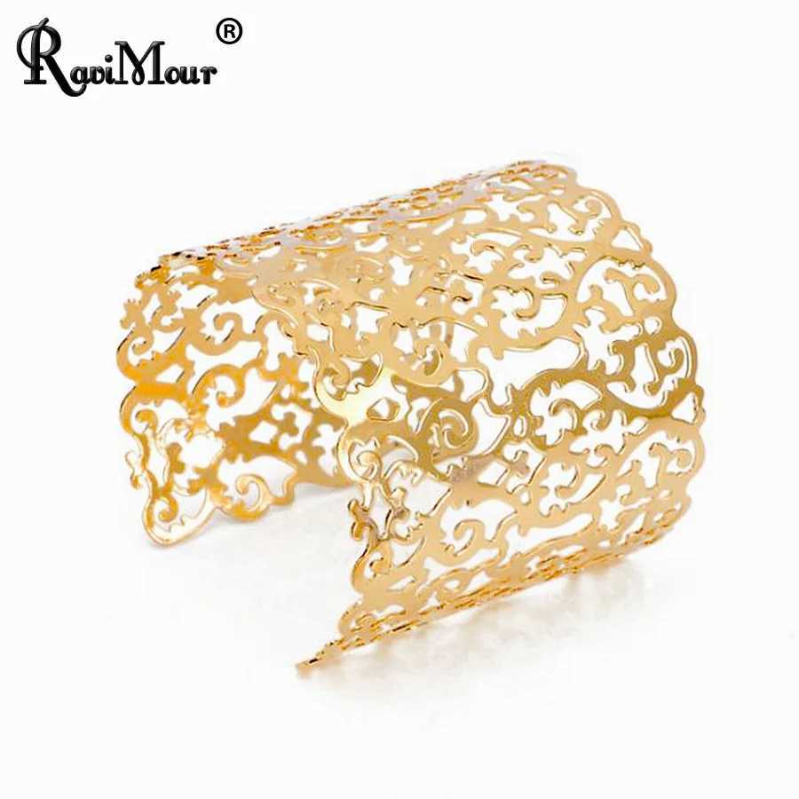 RAVIMOUR Punk Cuff for Women Big Wide Bangle Jewelry Fashion Statement Hollow Flower Carved Charm Z250616