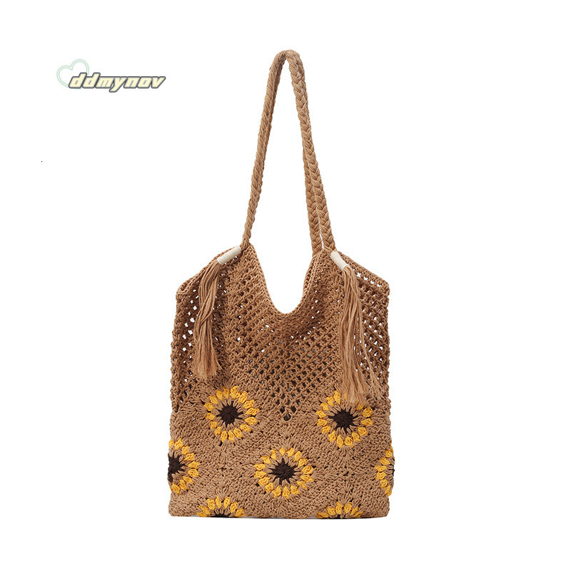 Forest Style Sunflower Knitted Hollow Woven Underarm for Women Summer Beach Large Capacity Shoulder Tote Bag ddmynov ddmynov ddmynov