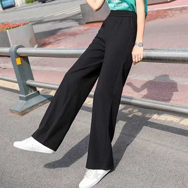 Plus size Women Ankle-Length Wide Leg Pants Casual Summer Solid Elastic Waist Loose Ice Silk Pants Spring Summer Fe TrousersXJ250616