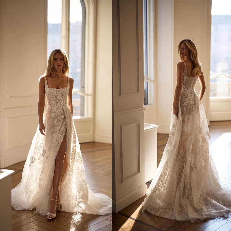 Simple Square Neck A Line Wedding Dresses Women High Side Split Elegant Sleeveless Bride Dresses Floor Length Bridal Gown