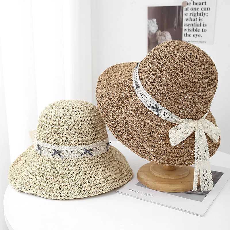 2025 New Korean Style Sun Hats Womens Summer Hat Lace Bow Straw Large Brim Ladies Sunshade Foldable Beach Accessories M250616